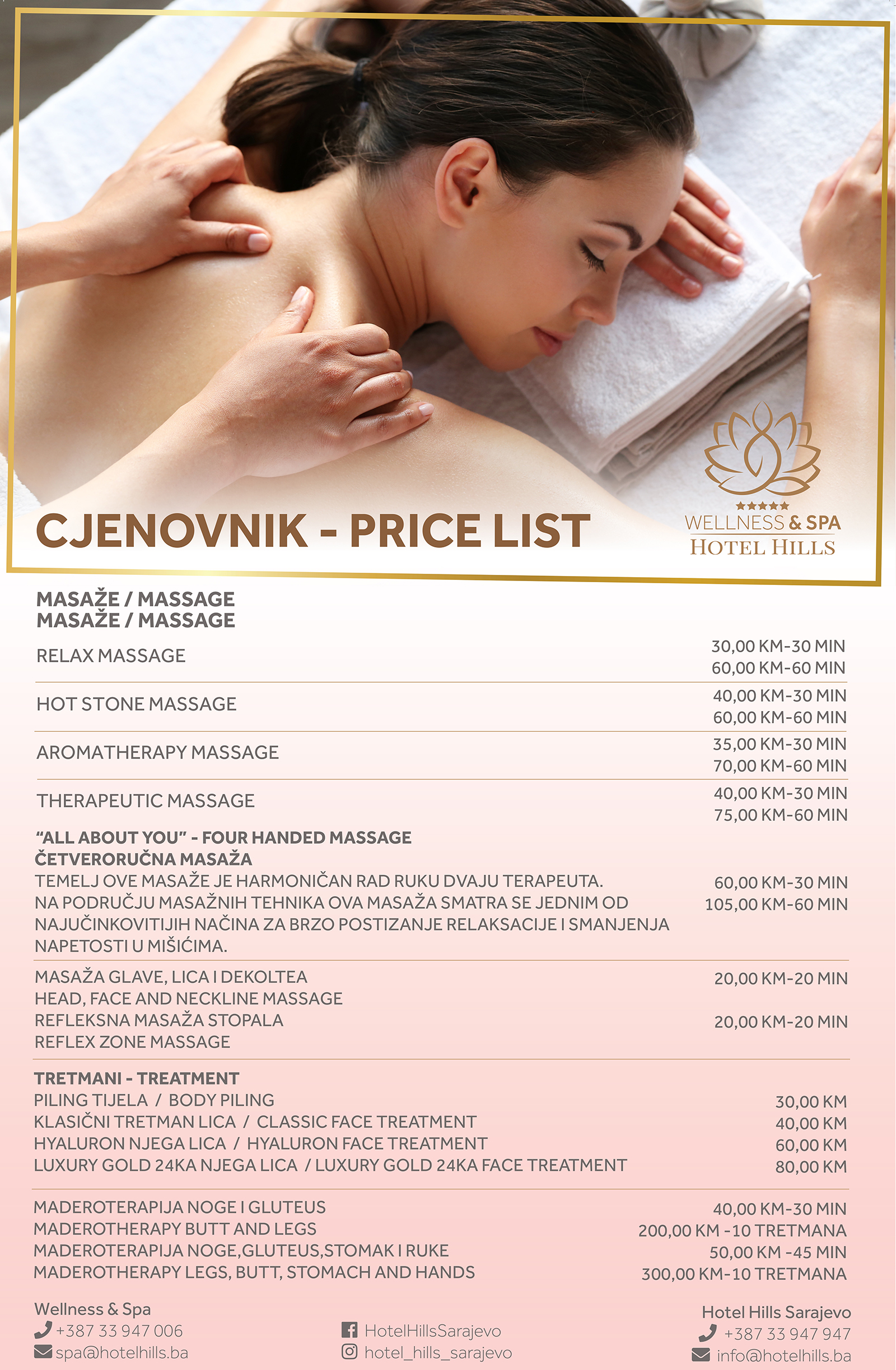 Massage Price List Hotel Hills Sarajevo