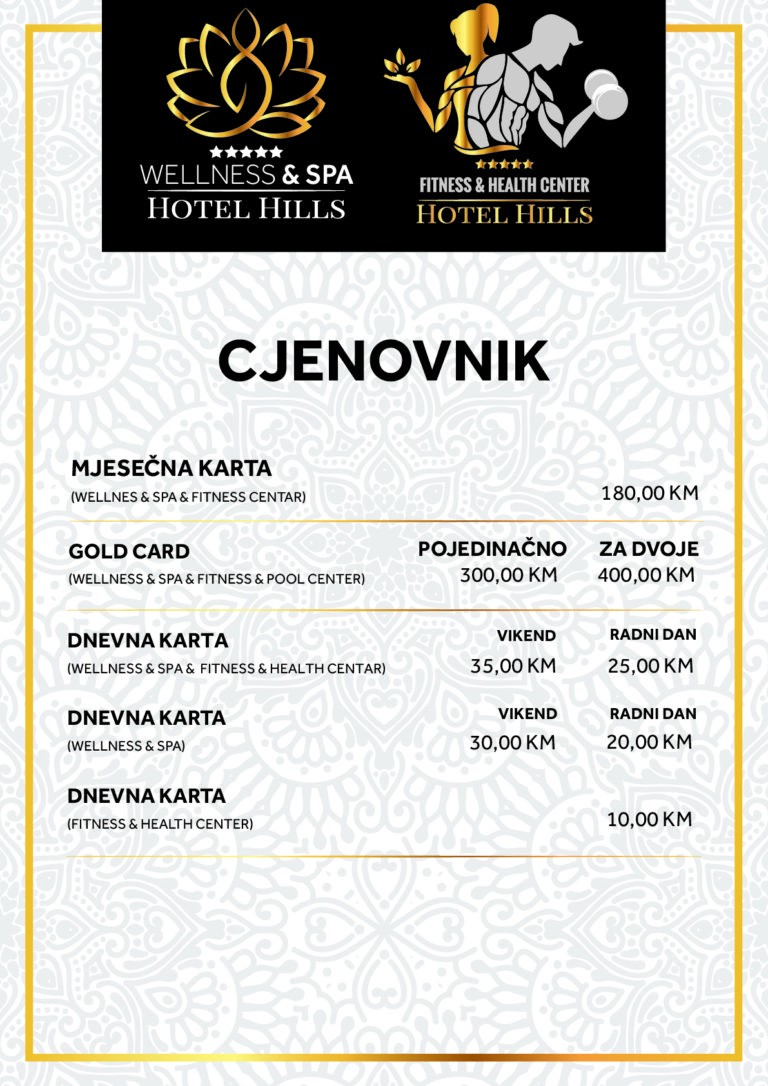 Wellness & spa price list Hotel Hills Sarajevo
