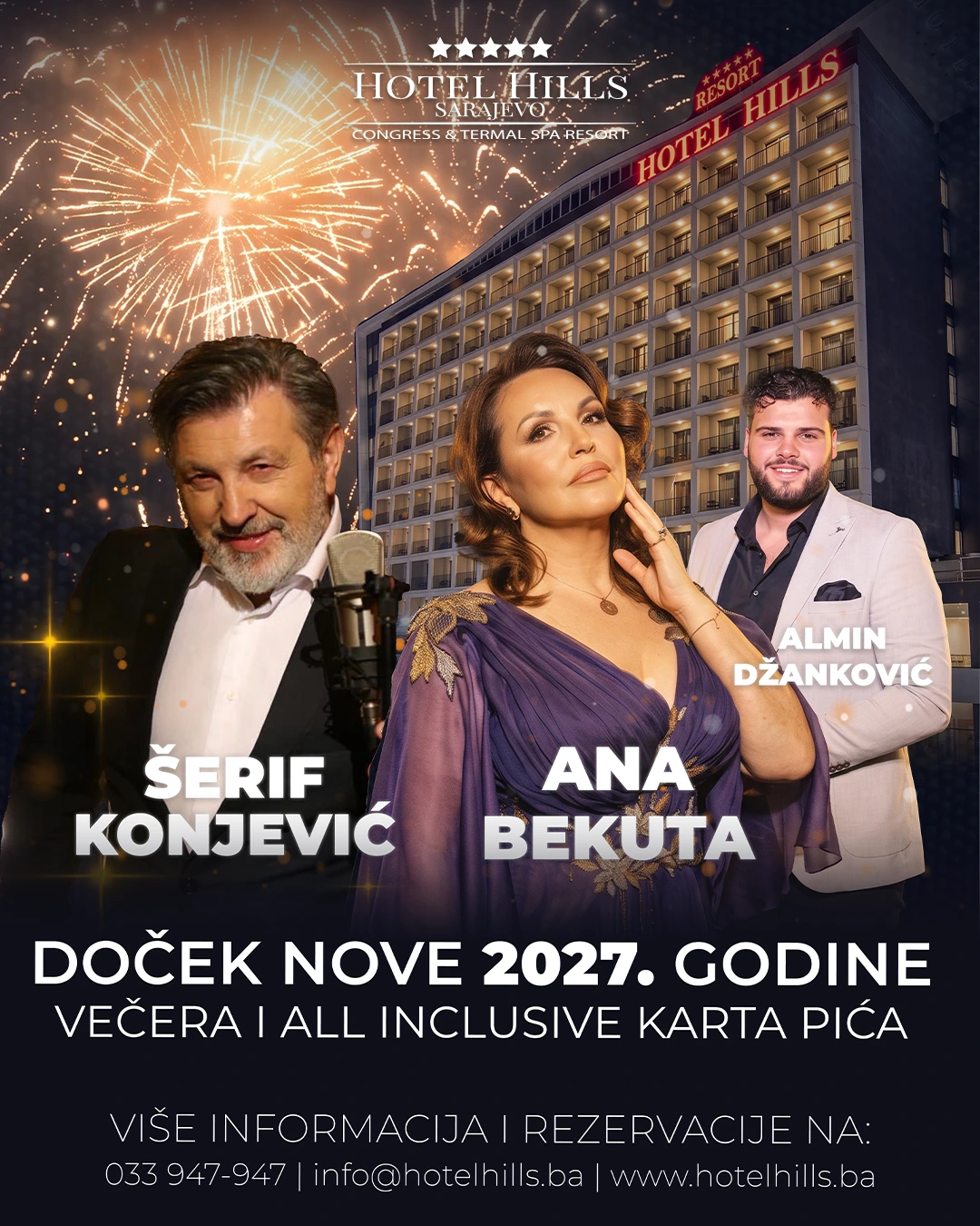 Doček Nove 2027. godine u Hotelu Hills – Ana Bekuta, Šerif Konjević i Almin Džanković
